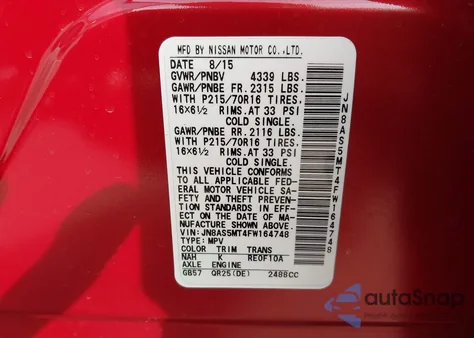 2015 Nissan Rogue Select S z USA, uszkodzony, nr VIN JN8AS5MT4FW164748